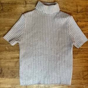 Ribbed Turtleneck Short Sleeve Chunky Knit Beige Small - Formal Cozy Warmth